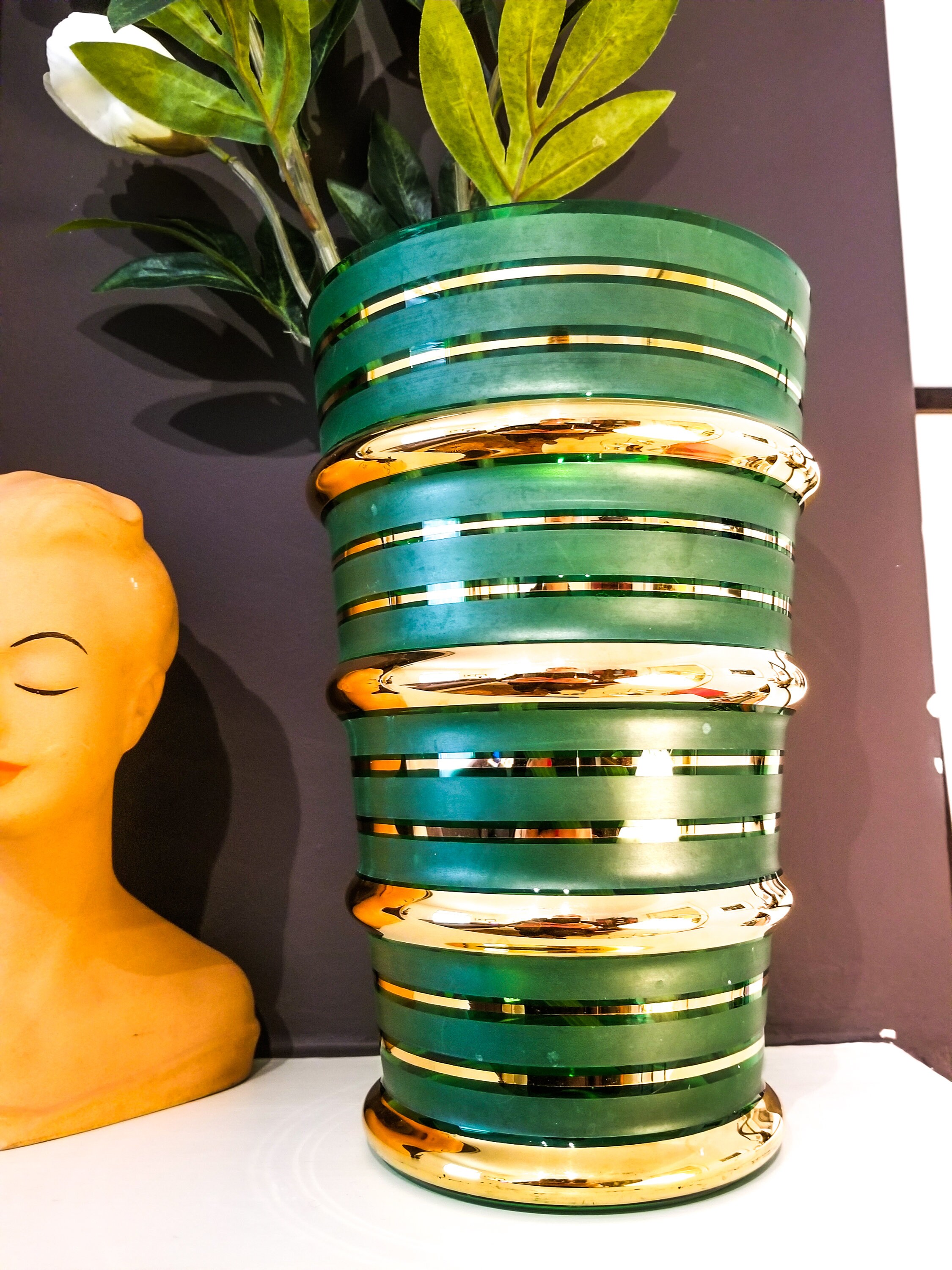 Oversize Green Glass Flower Vase with Gilt Horizontal Stripped