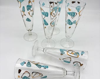 Federal Pilsner Glasses, Atomic Aqua & Gold, Set of 6, Mid Century