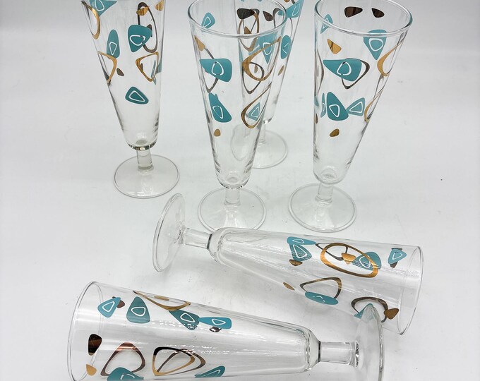 Federal Pilsner Glasses, Atomic Aqua & Gold, Set of 6, Mid Century