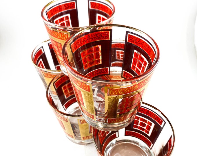 Set of 6 Mid Century Libbey Gilt and Red Mid Century Glasses Hollywood Regency, gold and red design 6 Lo-Ball Fathers Day