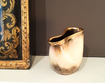 HTF Vintage Mid-Century Modern Pinched Vase by Carstens Tonnieshof Qualitat of West Germany, Beautiful Celadon Green w/ Gold Marbling & Trim