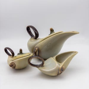 Fantastic Hand Painted MCM Hull Pottery Parchment + Pine 3 Piece Aladdin Lamp Style Teapot Creamer Sugar Set