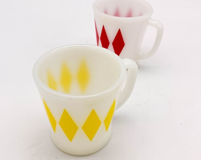 RARE Vintage RED and YELLOW Diamond / Harlequin Milk Glass 8oz Mugs Fire King by Anchor Hocking Glass c1950s