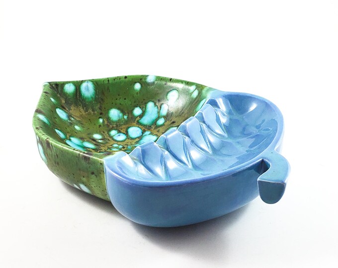 Ceramic Lo-Rise Acorn Hobbyist Green and Blue Drip Glaze Dish/ Ashtray