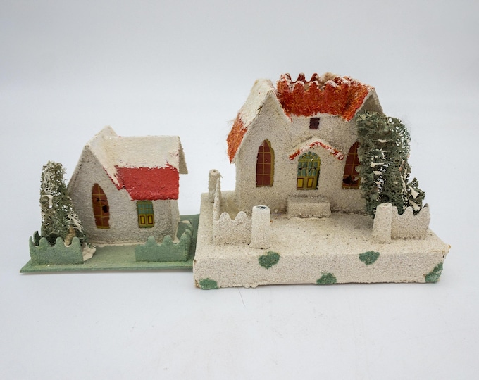 Vintage 1950s  Putz Houses x 2 Ideal Christmas Decoration - with Bottle Brush Trees
