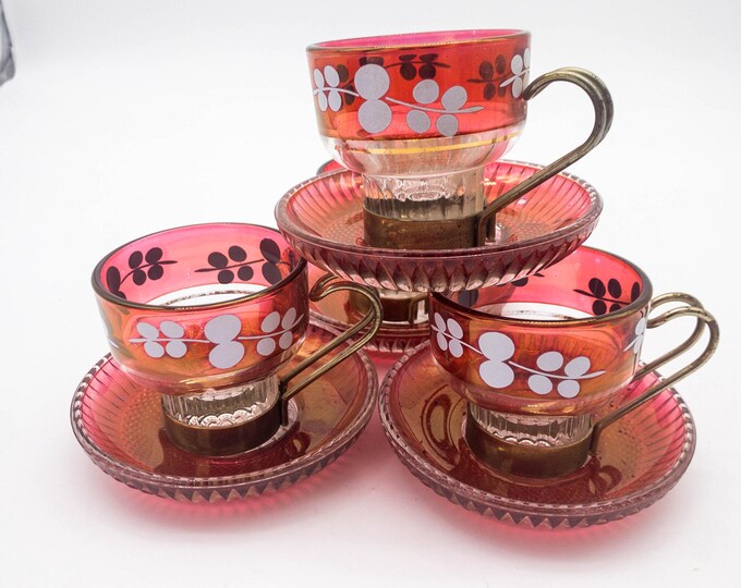 Set of 6 Cranberry and Metal Handled Tea or Machiatto Glasses with Saucers