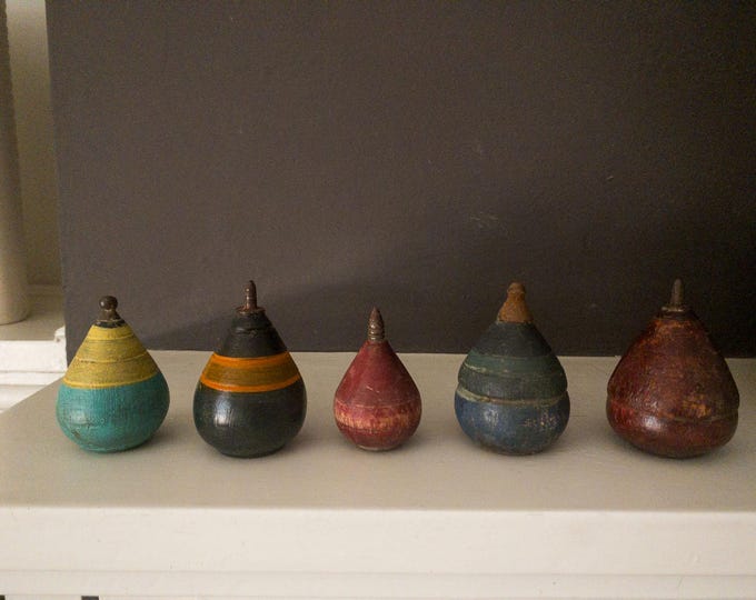 Set of 5 Metal Tip Vintage Painted Wood Spin Top Toys