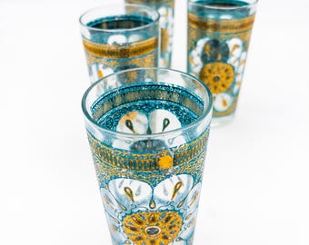 Culver Gold Medallion Highball Glasses – Set of 4, Mid-Century Modern