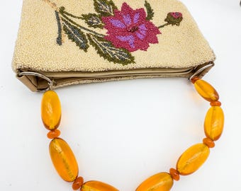 Magnificent Hand Beaded  Bag with Lucite Large bead  Strap and Large Floral on Front