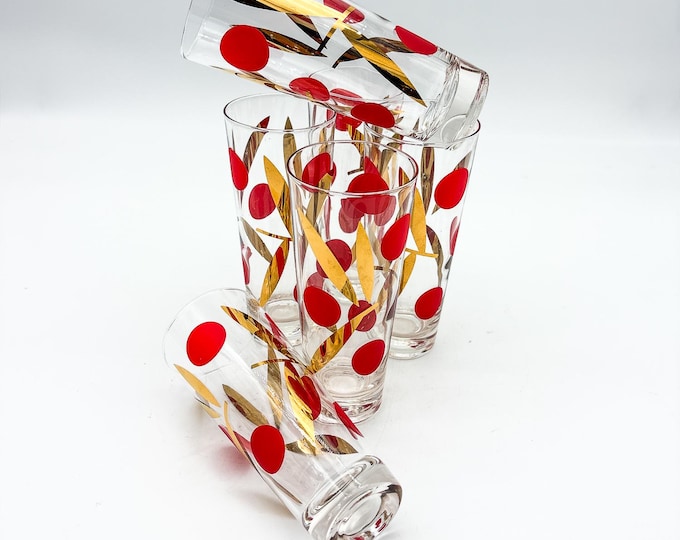1957 Russel Wright Eclipse Zombie Glasses, 6 piece set with Red Polka Dots and Gilt leaves