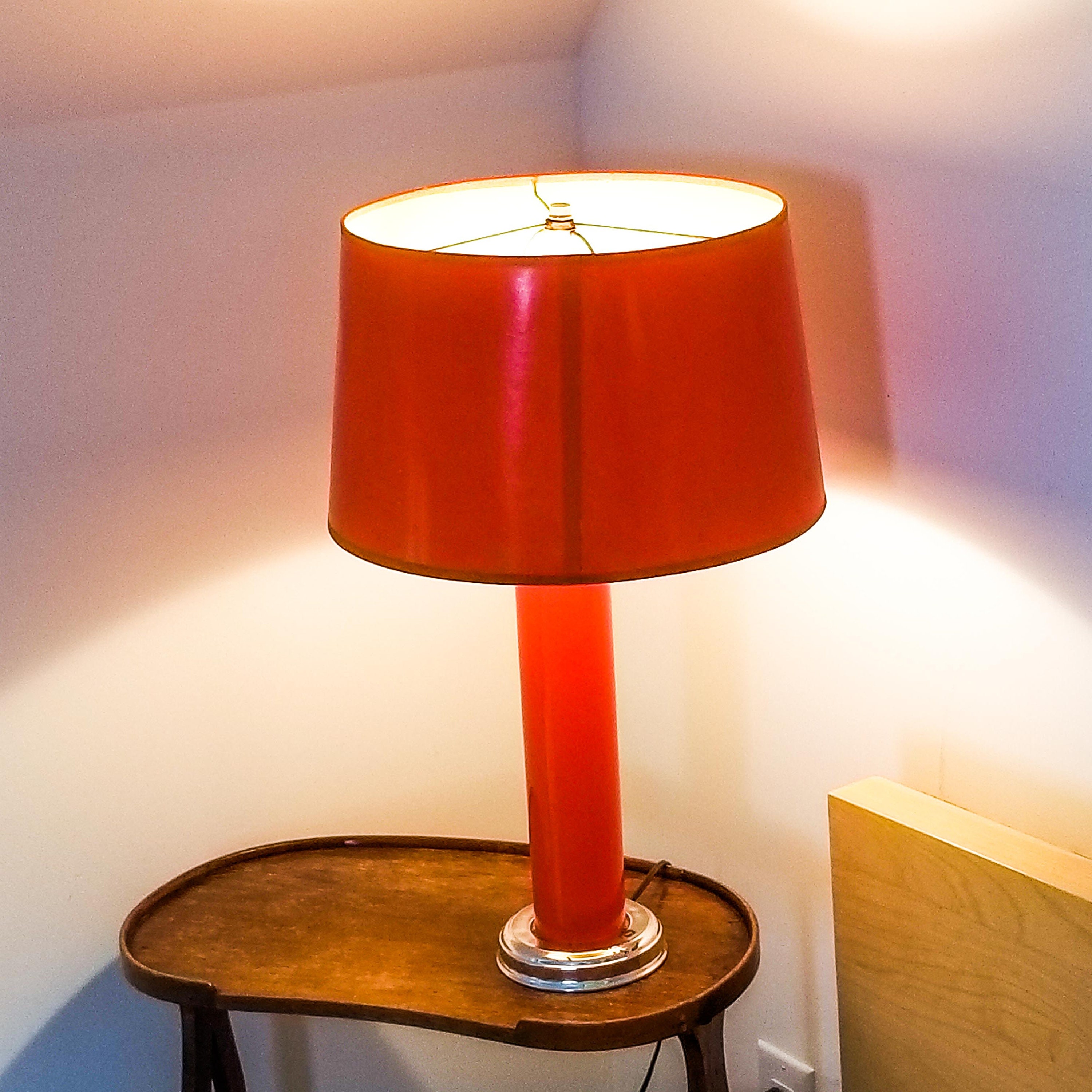 Vintage PAIR of Bright Orange Mid Century Table Lamps with Coated Gloss