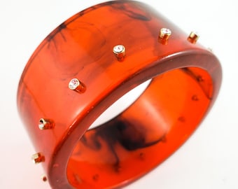 Stunning Tortoise Acrylic Bangle Studded with Rhinestones of Center.