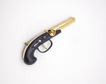 Vintage  Gorgeous Brass Pistol LIGHTER, i Enameled Wood, 60s modern vintage table lighter