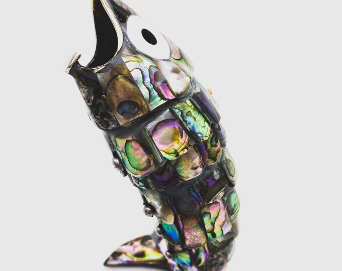 Mid Century Abalone Shell Articulated Fish Bottle Opener, Vintage Free Standing Fish, Beach House Decor, Cool Barware