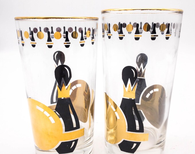 Vintage Gold and Black Bowling Ball and Pin Glass Tumblers x 2