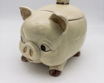 American Bisque Otigari Cookie/Biscuit Jar Happy Smiling Pig with little Pig handle