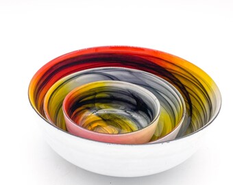 Stunning Orange and Yellow and Smoke Swirl Art Glass Bowl, Trio, Candy Dish, Fruit Bowl, Appetiser Bowl