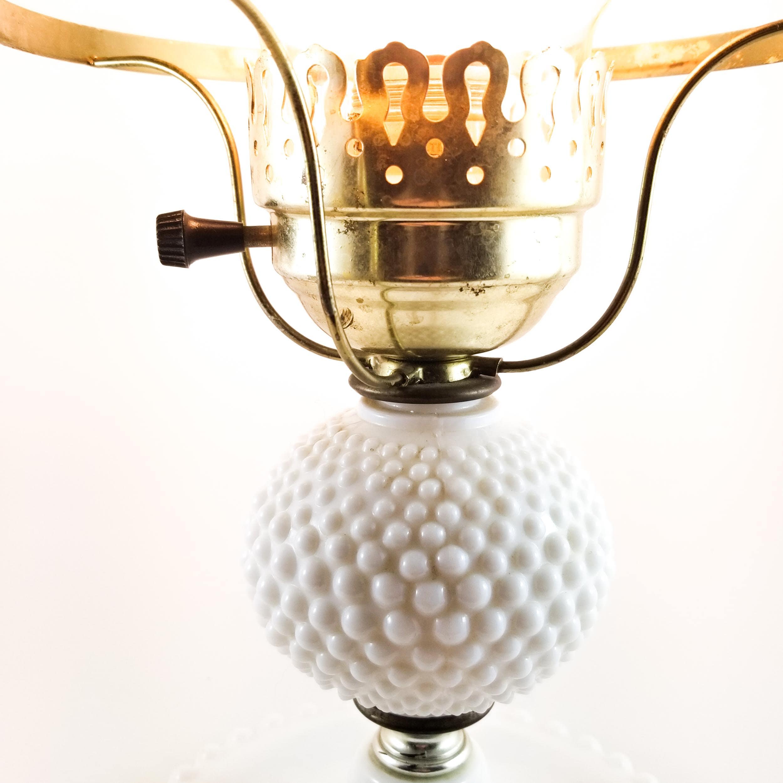 Vintage Milk Glass Hobnail Lamp With Glass Hurricane Chimney, Table