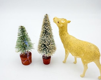 2 Bottle Brush Trees miniatures and Celluloid Reindeer