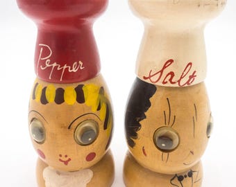 Vintage Tall Chef Wood Salt and Pepper Shakers with Googly Eyes