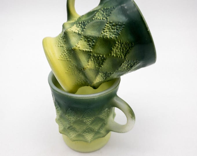 Vintage Anchor Hocking Kimberly Mugs Green Ombre Diamond Stacking Coffee Cups Mid Century