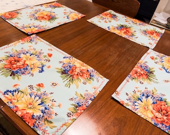 Stunning Vintage April Corniel Cotton Floral Palcemats with Cross-Stich Border Placemats // Set of 4