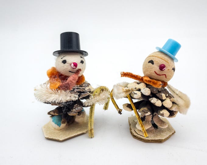 Putz Snowmen Ornaments x 2 Pinecone Chenille Blue Tophat   and black tophat Spun Cotton and Pipe cleaner Mica Japan