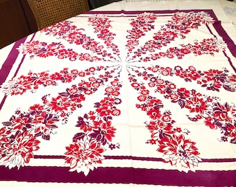 1950's Stunning Cotton Red and Purple Tablecloth 46W x 50L