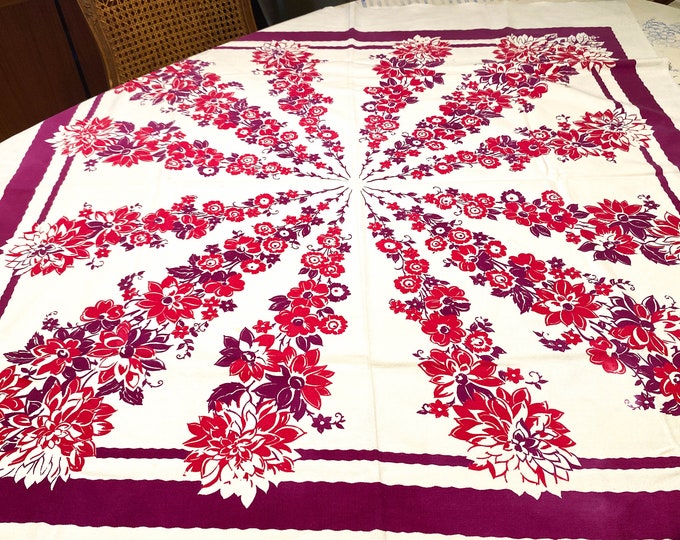 1950's Stunning Cotton Red and Purple Tablecloth 46W x 50L