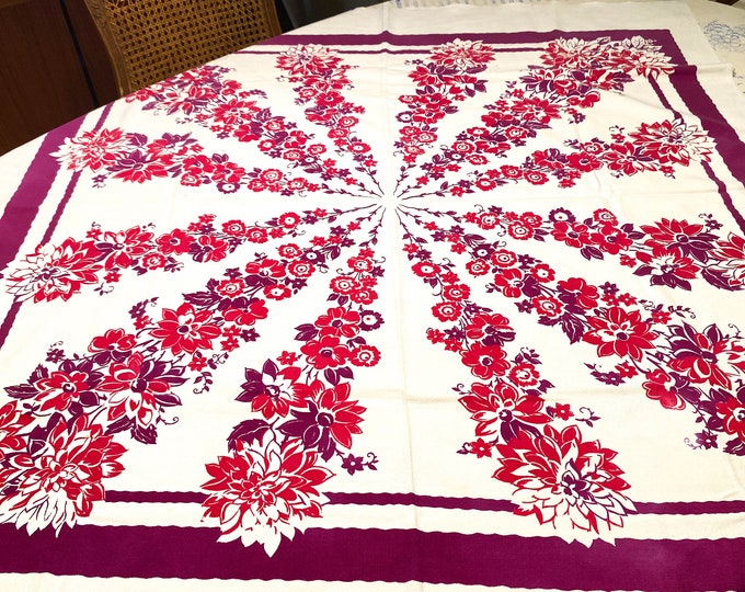 1950's Stunning Cotton Red and Purple Tablecloth 46W x 50L