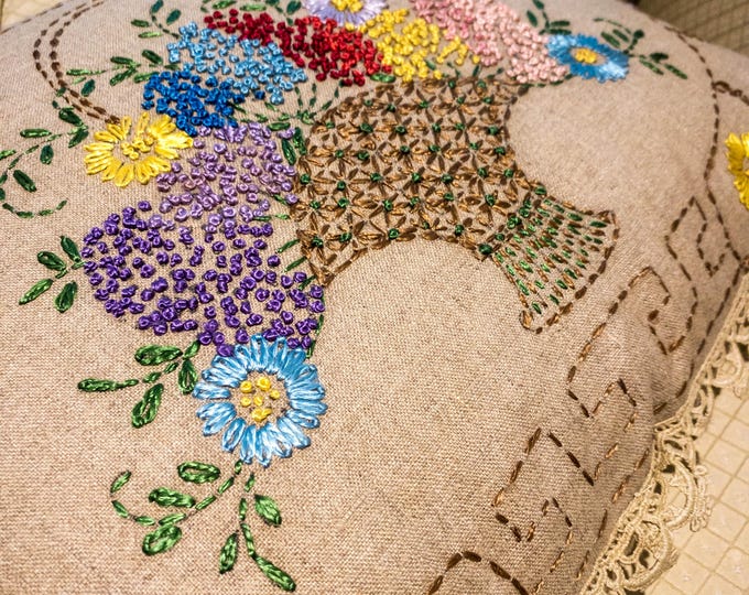 Stunning Large Hand Embroidered Muslin/Linen Pillow with Lace Trim