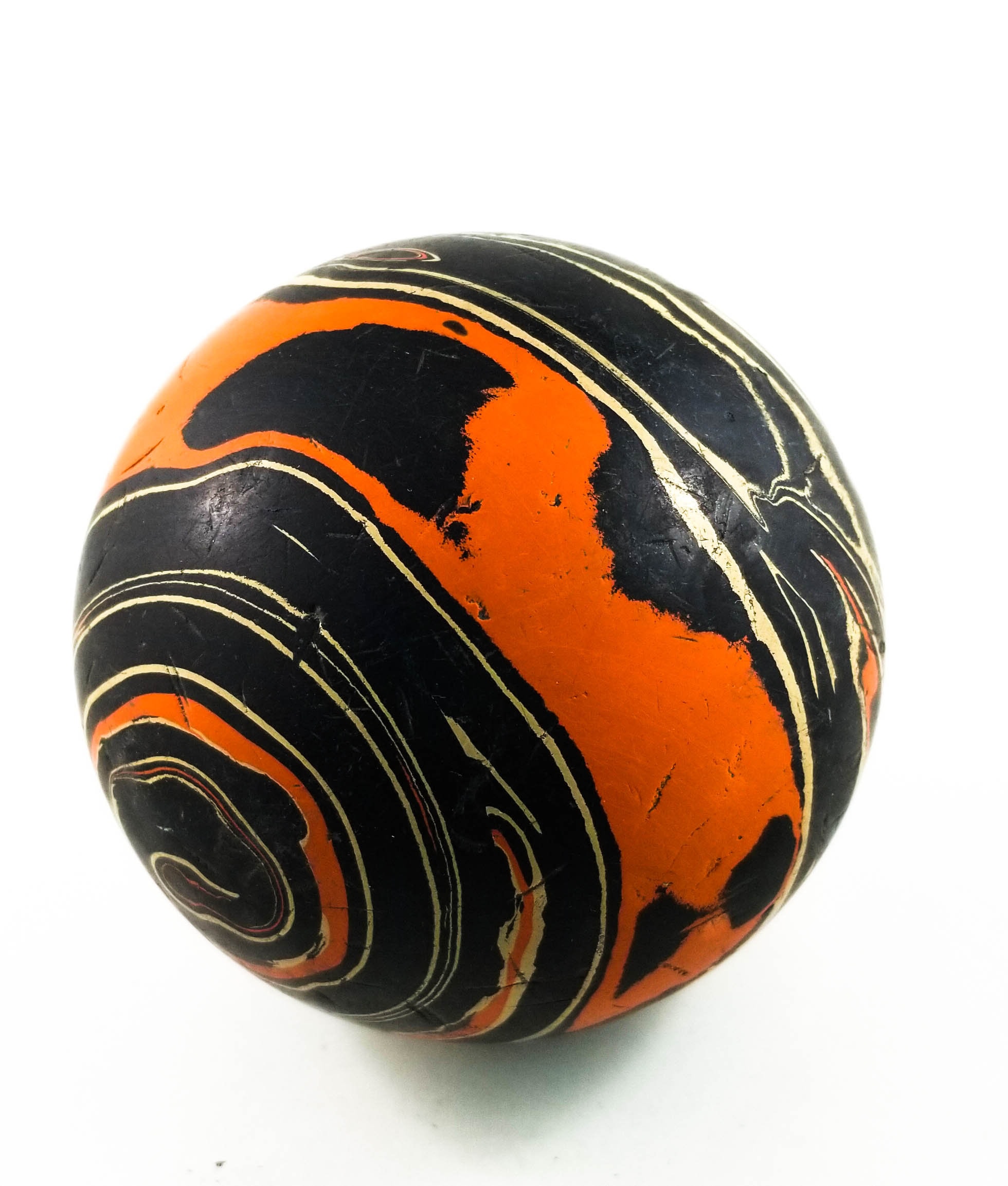 1950's Gorgeous Marbleized 5 pin Bowling Ball in Black and Orange