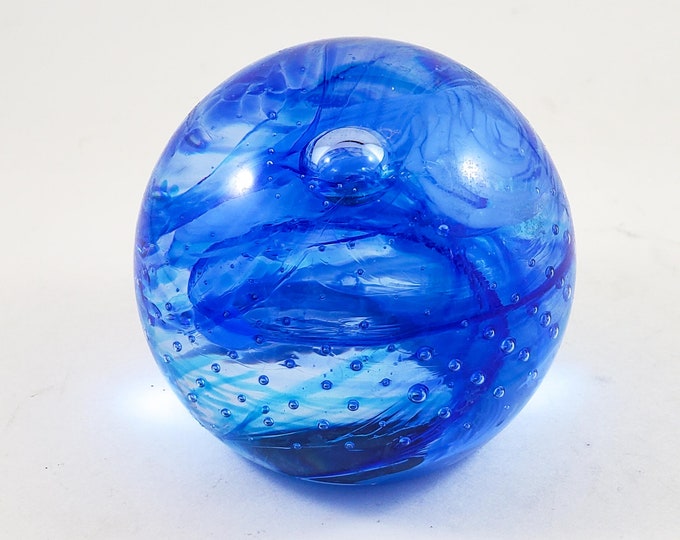 Caithness paperweight Blue and White Swirls/Waves, Signed, Art Glass, Collectible Glass