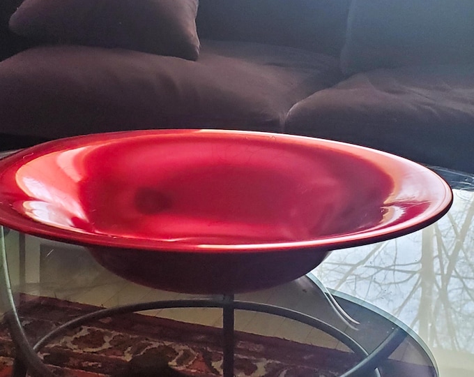 Gorgeous Red Anodized Aluminum Salad/Fruit Bowl. Low Profile with Etched Leaf Pattern.
