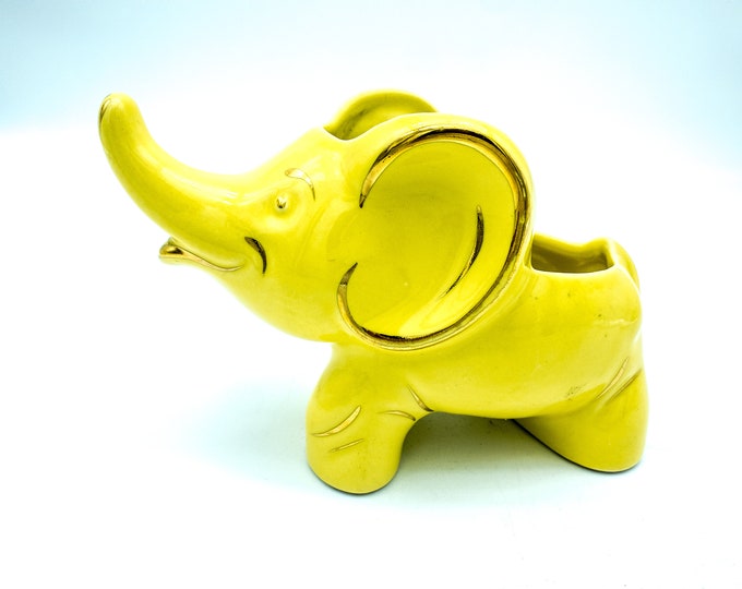 Yellow Ceramic Elephant Planter with Gold detailing