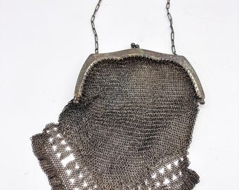 Magnificent Antique Gun Metal Silver Mesh/Maille Evening Bag w/ strap/Antique 1900s Handbag Kiss Lock