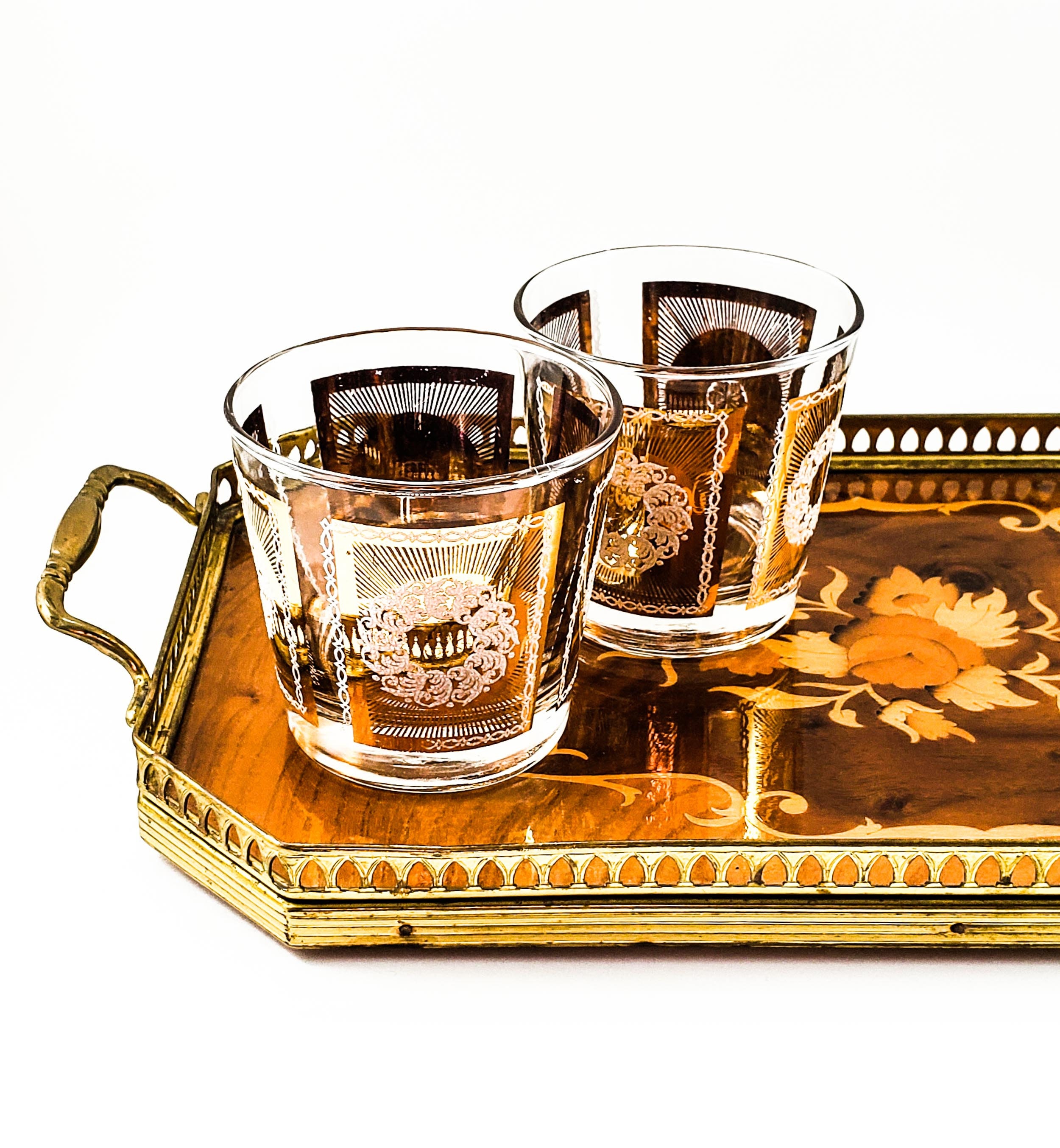 Mid Century Modern Inlay Wood And Brass Tray Platter By Birks With Walnut Rosewood Leopard Wood Ash And A Brass Lace Rail