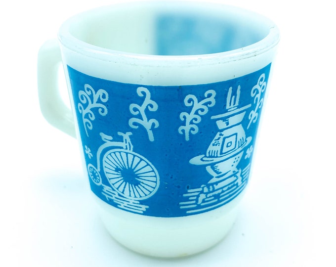 Vintage Blue and White Milk Glass 8oz Mug by Anchor Hocking Fireking c1950s. Turn of the Century Graphics