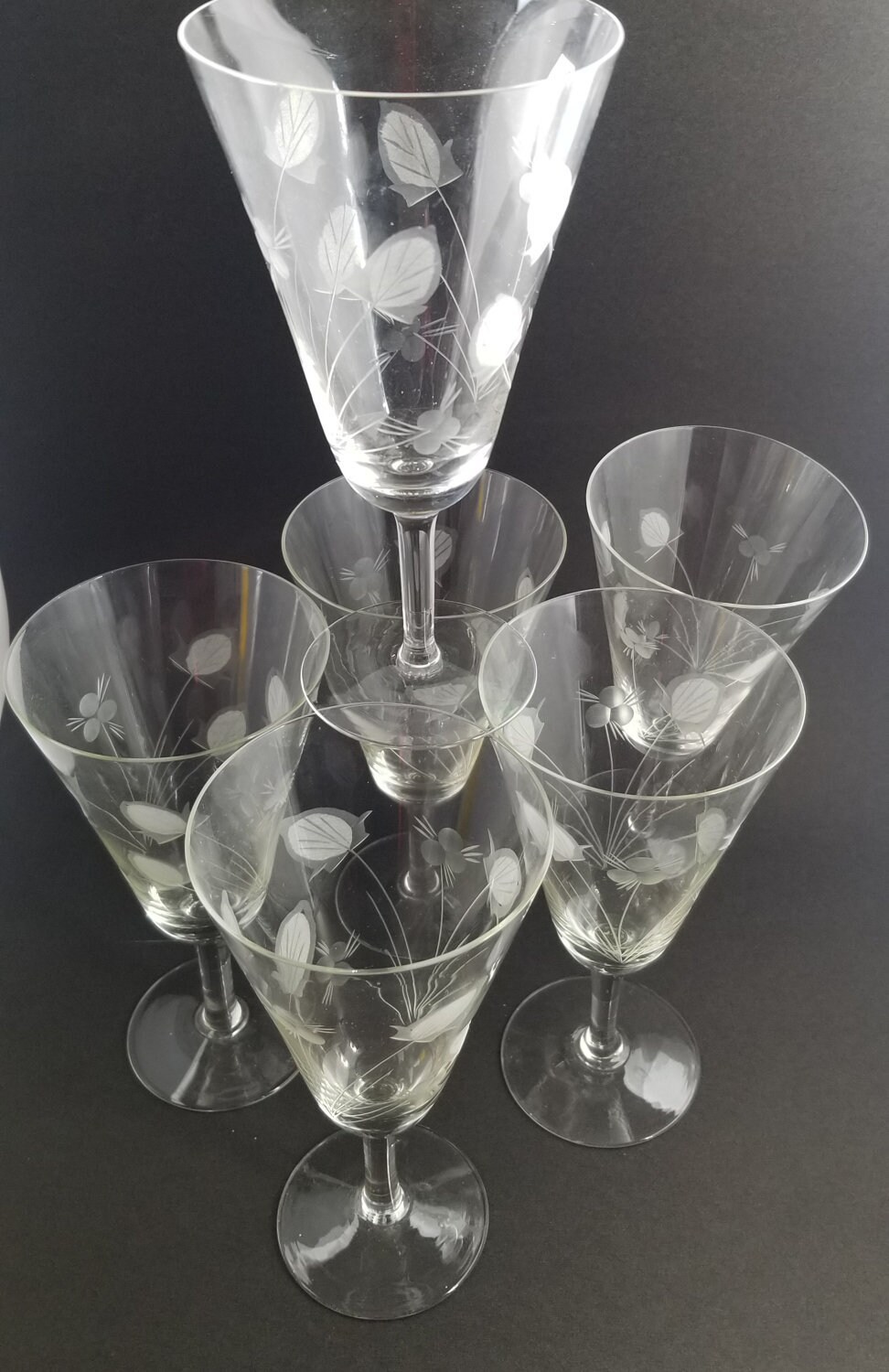 6 Vintage Etched Crystal Wine Glasses, 1950's, Tall Vintage Water