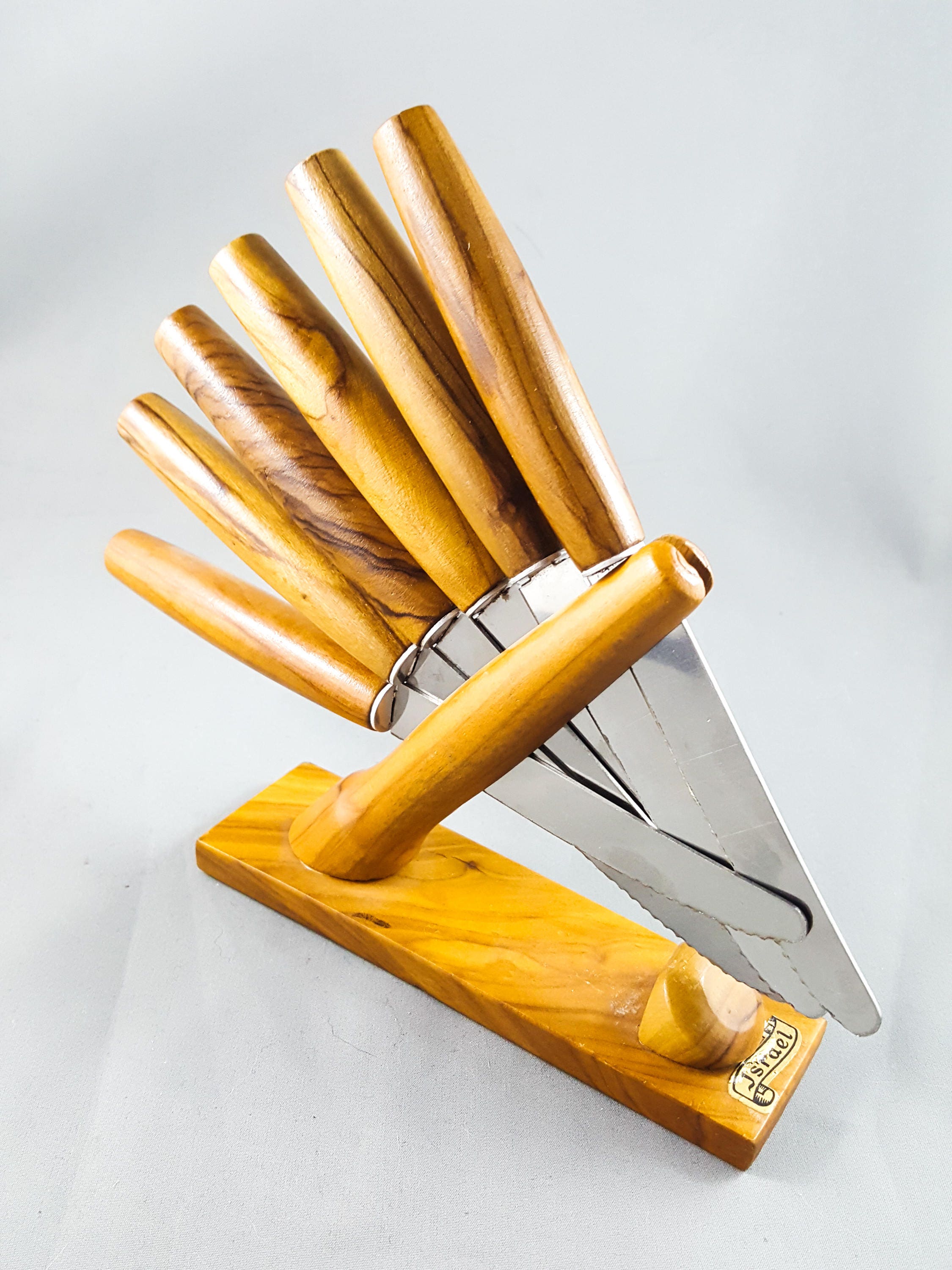 Beautiful Set of Vintage Antique Mid Century Modern Teak Butter Knives in Stand.