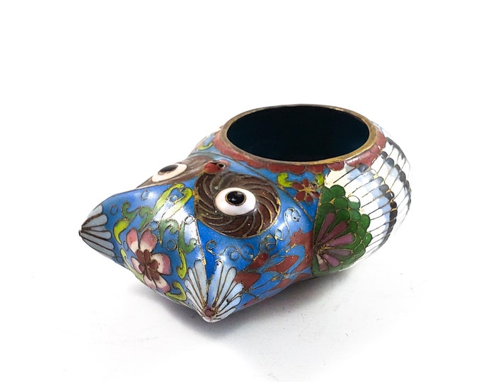 Gorgeous Hand Painted Brass Enamel Owl Ashtray/Trinket Dish