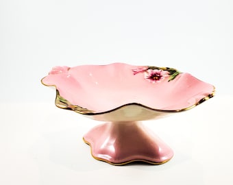 Royal Winton Vintage Candy Pedestal Dish with Pink Interior and Gold Detail, Floral Details
