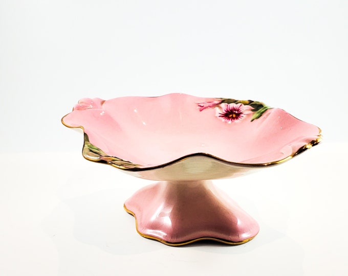 Royal Winton Vintage Candy Pedestal Dish with Pink Interior and Gold Detail, Floral Details