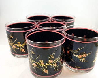 Fabulous Set of 12 Mid Century Cutler Cherry Blossom Glasses, Black and gold and Pink Cherry Blossom 22kt gold Branches, Hi Ball and Lo Ball