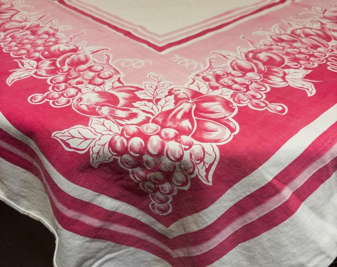 1950's Country Kitchen 48"  x 45" Squareish Cotton Tablecloth with Floral Motif in Pink and Pink Banding on the border