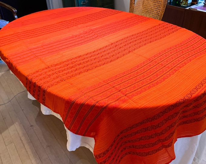 1970's MCM Kitchen Cotton Red Tablecloth with striped weave floral stripe