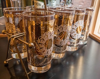Set of 8 Mid Century Libbey Hollywood Regency Gilt and Red Mid Century Highball Glasses in Brass caddy Hi-Ball Fathers Day, Christmas
