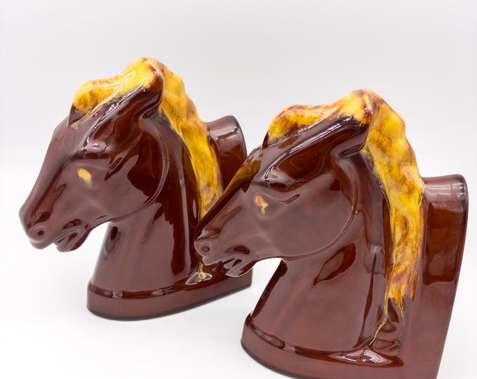 Mid-Century Modern Vintage Blue Mountain Pottery Horse Head Bookends in Gold and Brown