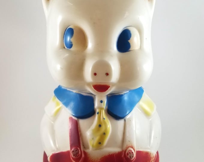 Classic Plastic Piggy Bank in Blue Jumper. Plastic Pig Figurine Bank, Collectible Kitsch Pig