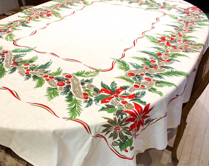 1950's Xmas Cotton Cloth with Berries, Poinsetta and Evergreens, 35" x 60"